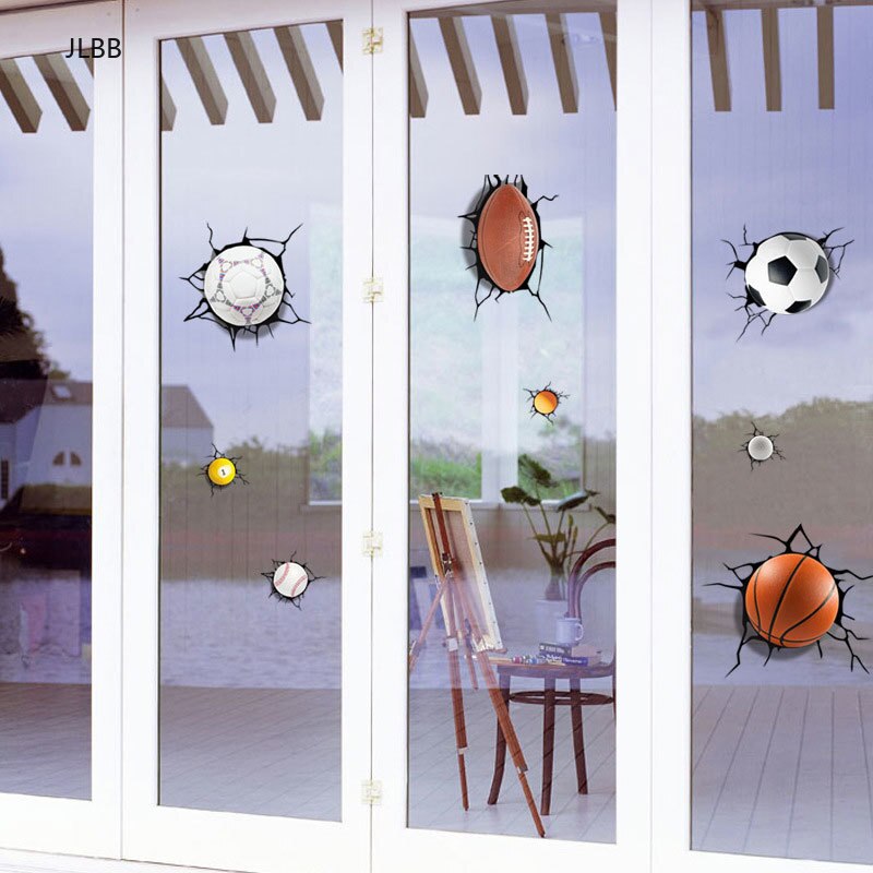 3D A lot of balls Broken wall sticker Football basketball home decals window stickers boys room living room sports decor mural