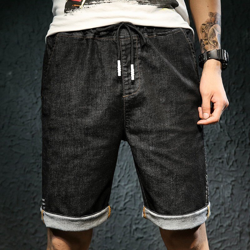 Zomer Dunne Gedeelte Elastische Taille Denim Shorts Mannen Plus Size Xl Elastische Taille Rijbroek 7XL6X5: Black / M