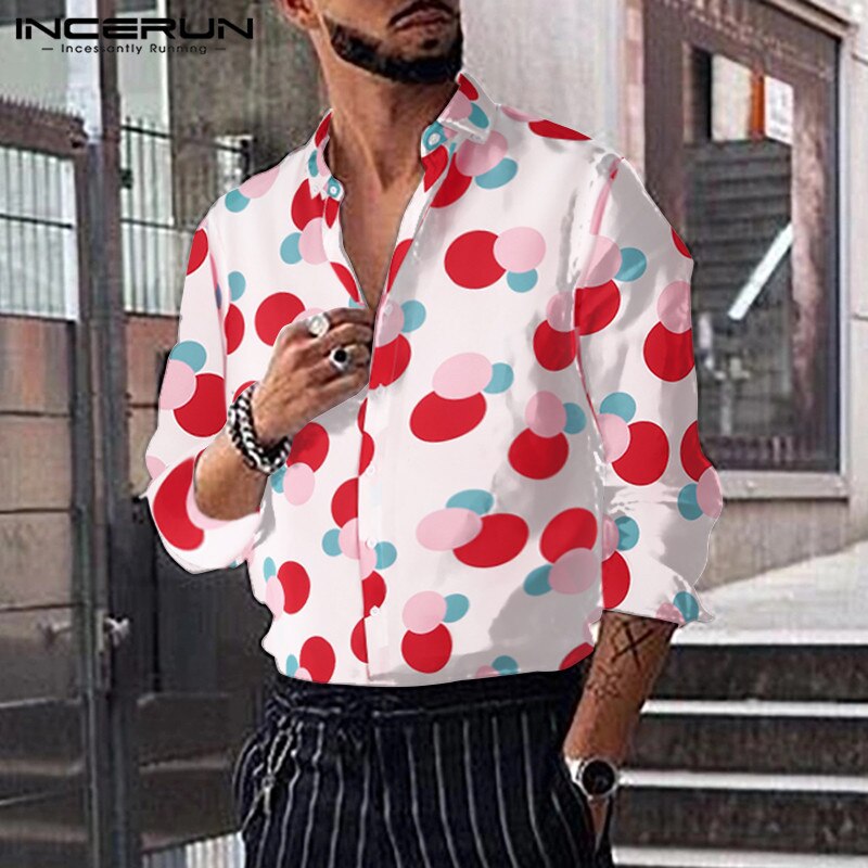 INCERUN Men Harajuku Polka Dot Printed Long Sleeve Shirts Lapel Collar Button Down Blouse Camisa Masculina