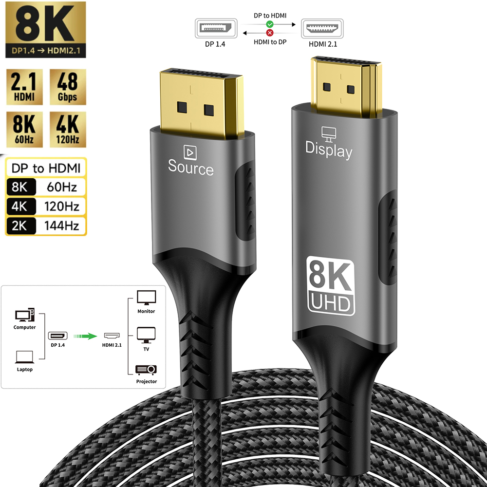 Convertisseur ultra rapide, câble compatible pour ordinateur de bureau, ordinateur portable, PC, TV, moniteur, budgétaire, 8K @ 60Hz, ug 1.4 vers HDMI 2.1, 4K @ 120Hz, 48Gbps: Grey / 1,5m