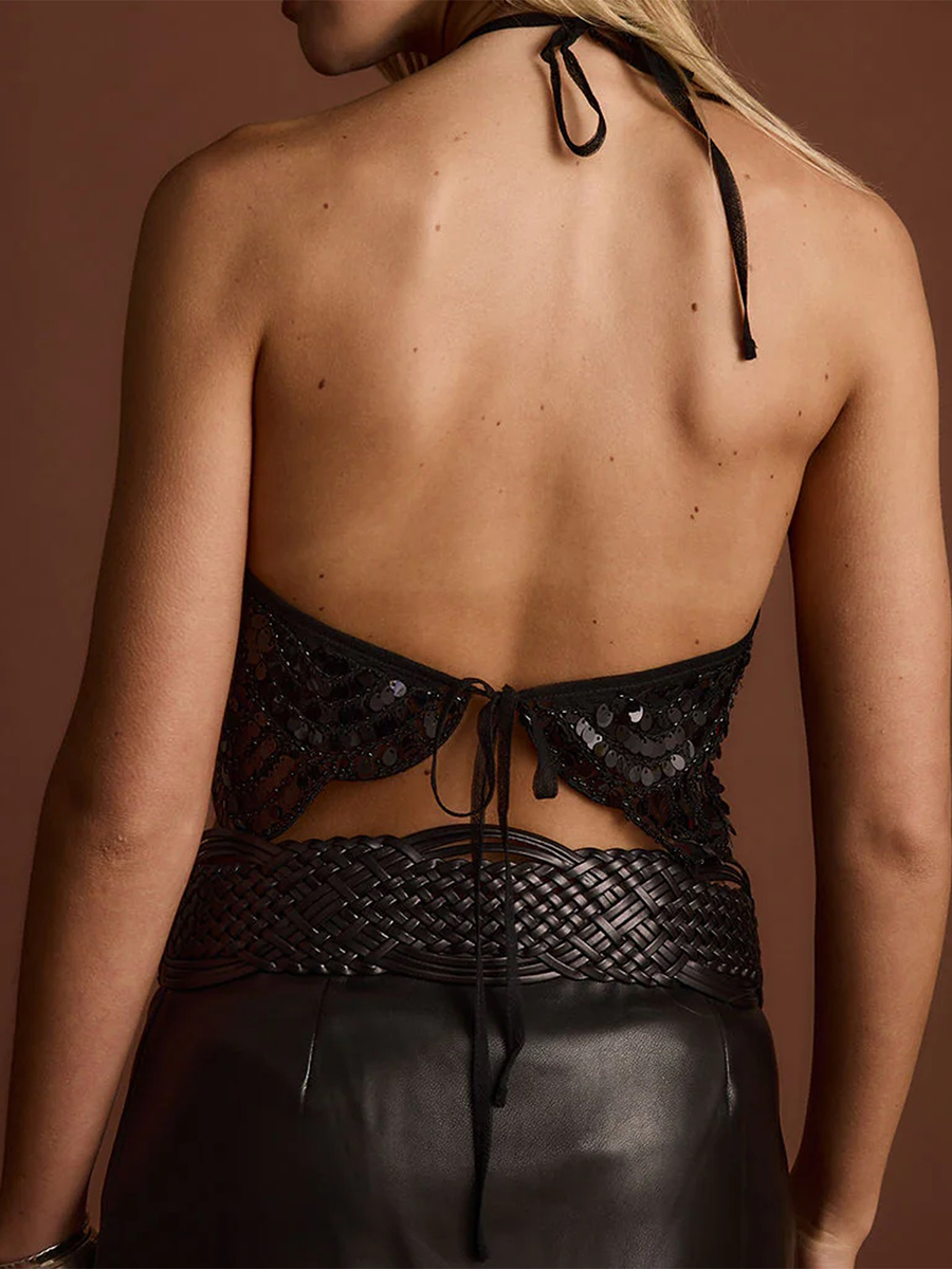 Elegante paljetter halterneck crop tops kvinner rysjer strømpeholdervest ensfarget v-hals ryggløs kort topp strandtopp for kvinner