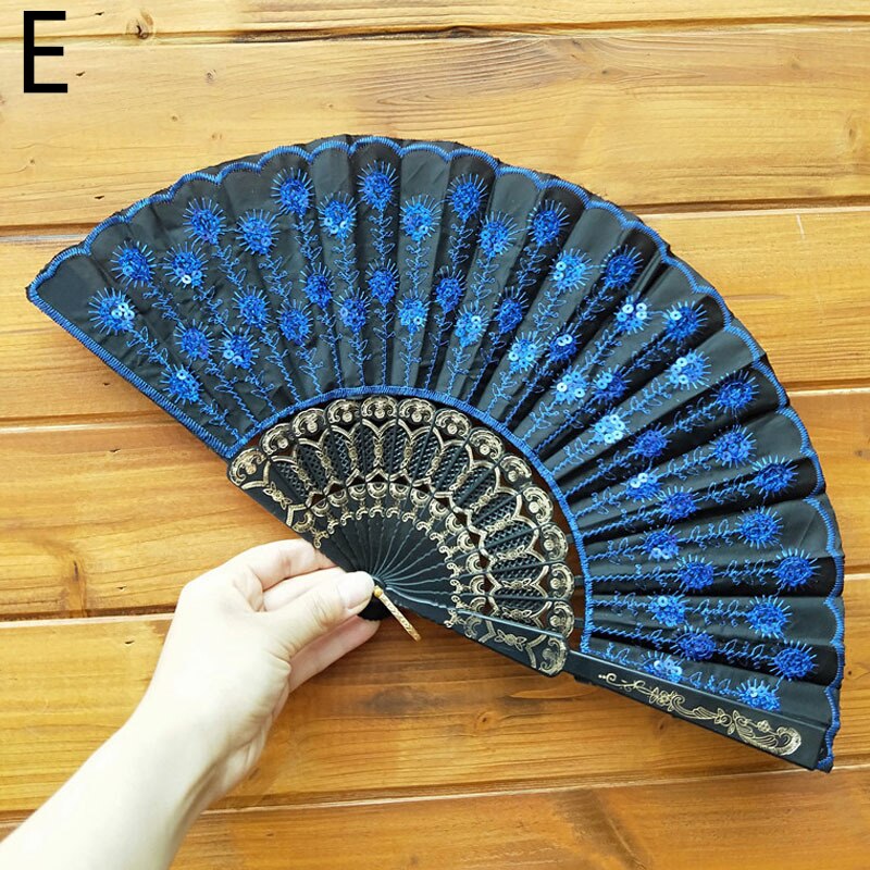 Art Fan Folding Tail Feather Plastic Bone Sequins Carved Hand Fan Summer Accessory Crafts Print Home Decor Embroidery: E
