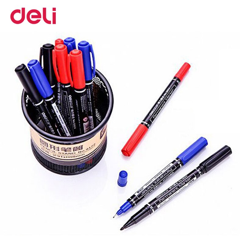 Deli 12 stuks gekleurde dual tip 0.5/1mm snelle droge permanente teken marker pennen stof metalen fineliner voor tekening