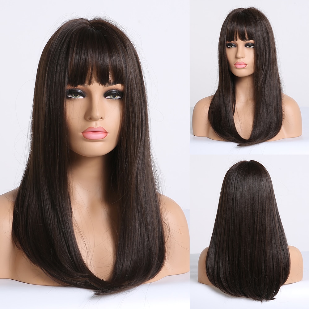 EASIHAIR Long Brown Ombre Straight Wigs with Bangs Synthetic Wigs for Women Daily Natural Hair Wigs Heat Resistant Cute Cosplay: LC167-5
