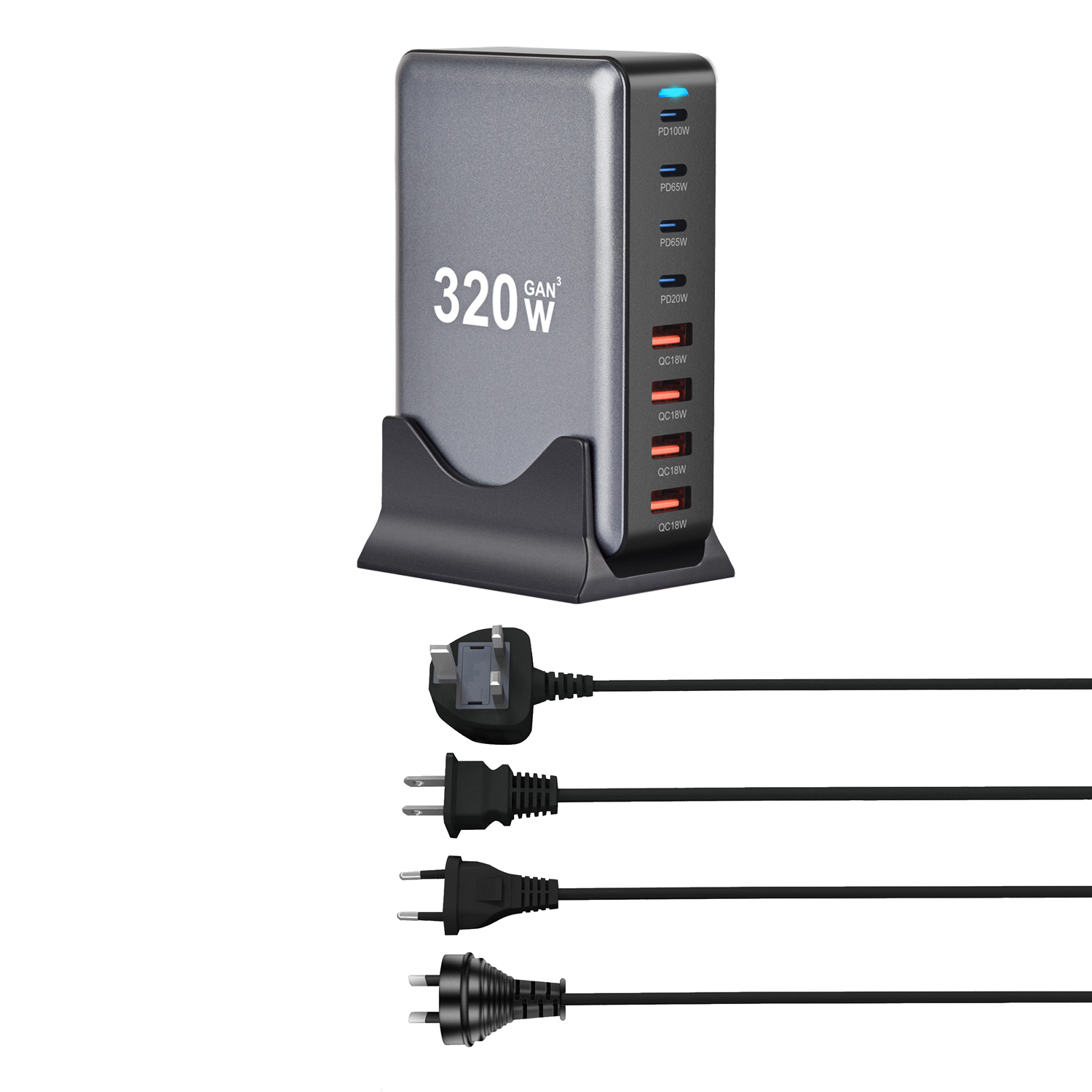 Cargador GaN de escritorio rápido USB C de 320W, cargador PD USB tipo C de 8 puertos, carga rápida 3,0 USB tipo C, cargador rápido para móvil