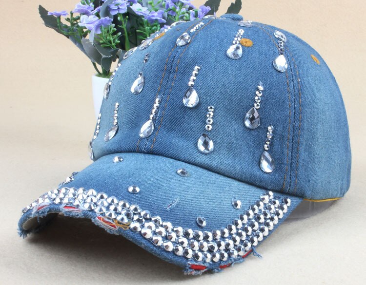 Gloednieuwe Denim Hoeden Mode Vrije Vrouw Cap Met Water Steentjes Vintage Jean Katoen Baseball Caps Voor Mannen