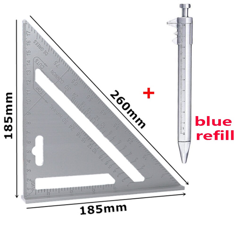 Triangle Ruler 7inch Aluminum Alloy Angle Protractor Speed Metric Square Measuring For Building Framing Tools Gauges: Silver blue refill