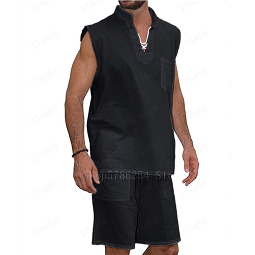 2 stk retro mand viking pirat tøj middelalderscene massiv linned skjorte v-hals ærmeløs bandage t-shirt afslappet renæssance nordisk