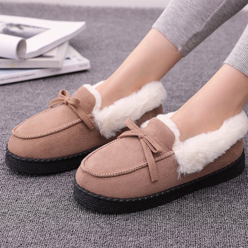 Kvinnor vinter tofflor skor plysch varma lägenheter dam halkfri slip on casual bowtie komfort höst toffel kvinna: Kaffe / 6