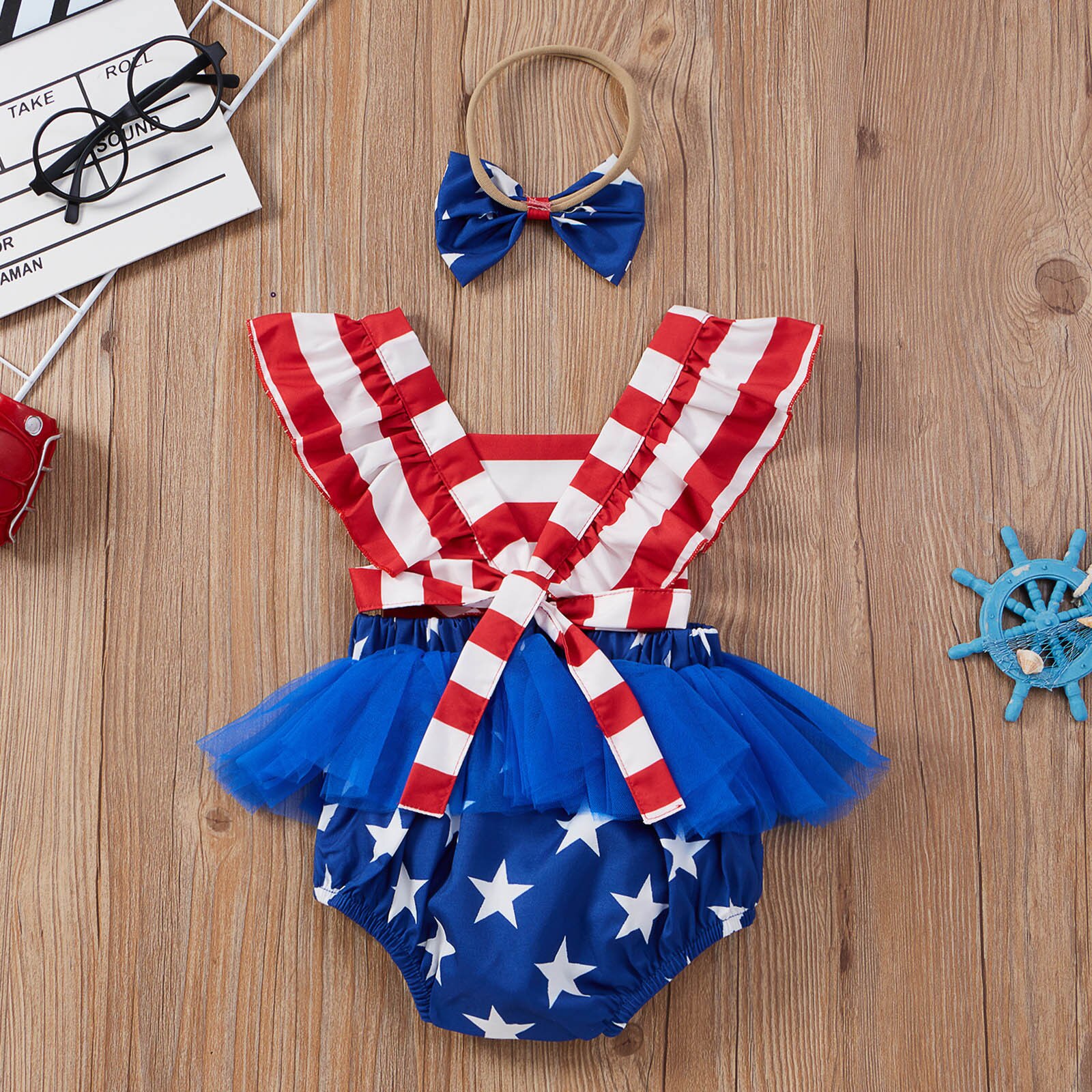 Vêtements pour bébés garçons et filles, barboteuse en dentelle à rayures avec manches volantes et bandeaux, ensemble vêtements pour -nés