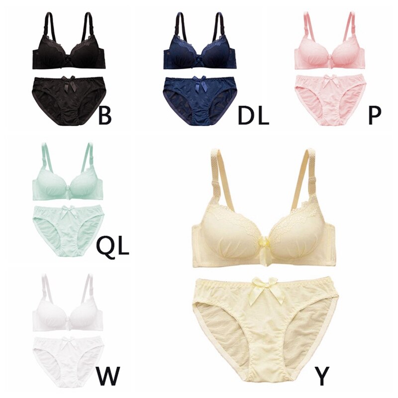 B Women Lace Padded Push Up No Steel Ring Small Chest Gathered Back Closure Adjustment Bow Adjusted-straps Bra Briefs Set