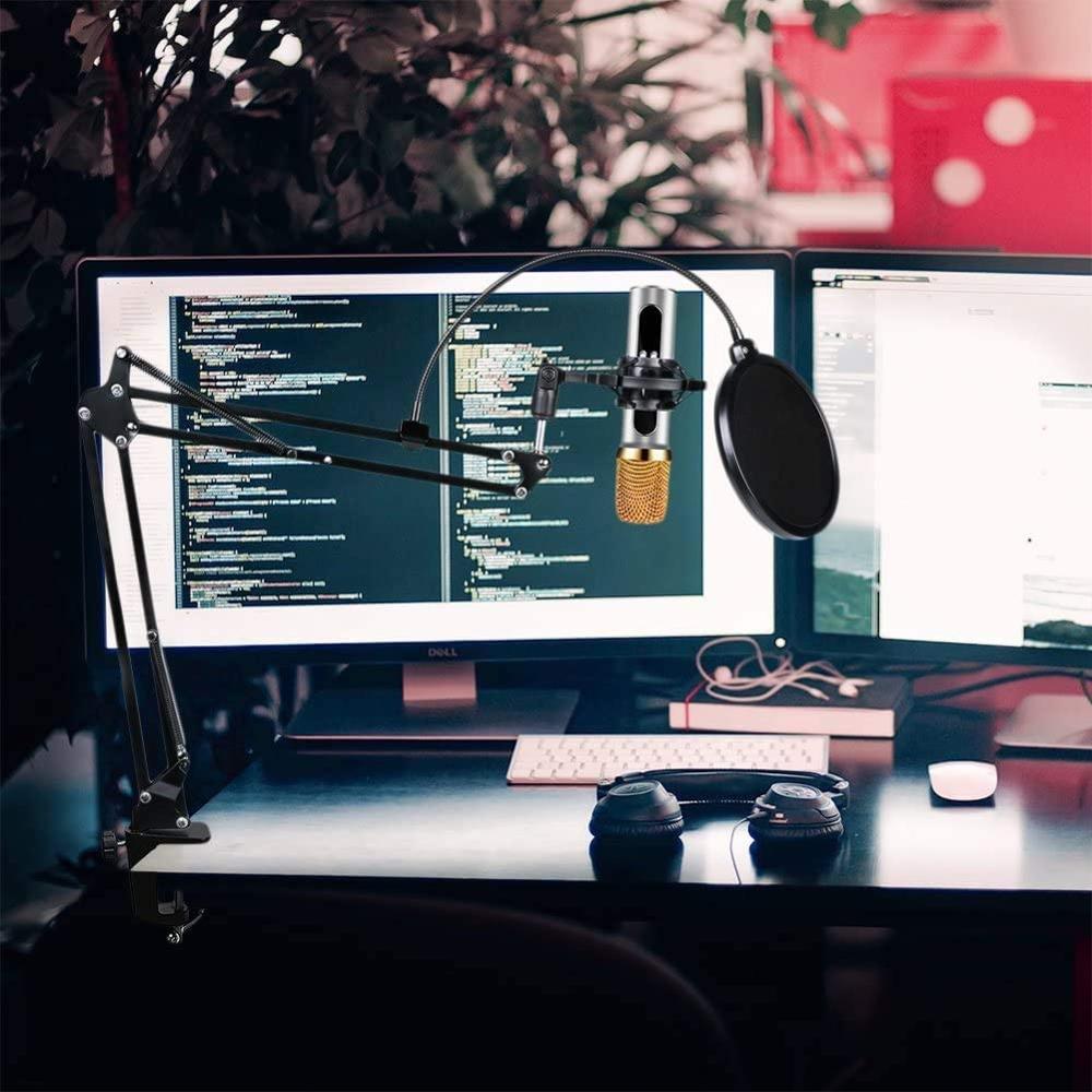 Upgraded Adjustable Microphone Suspension Boom Scissor Arm Stand with Shock Mount Mic Clip Holder 3/8’’ to 5/8’’ Screw Adapter -