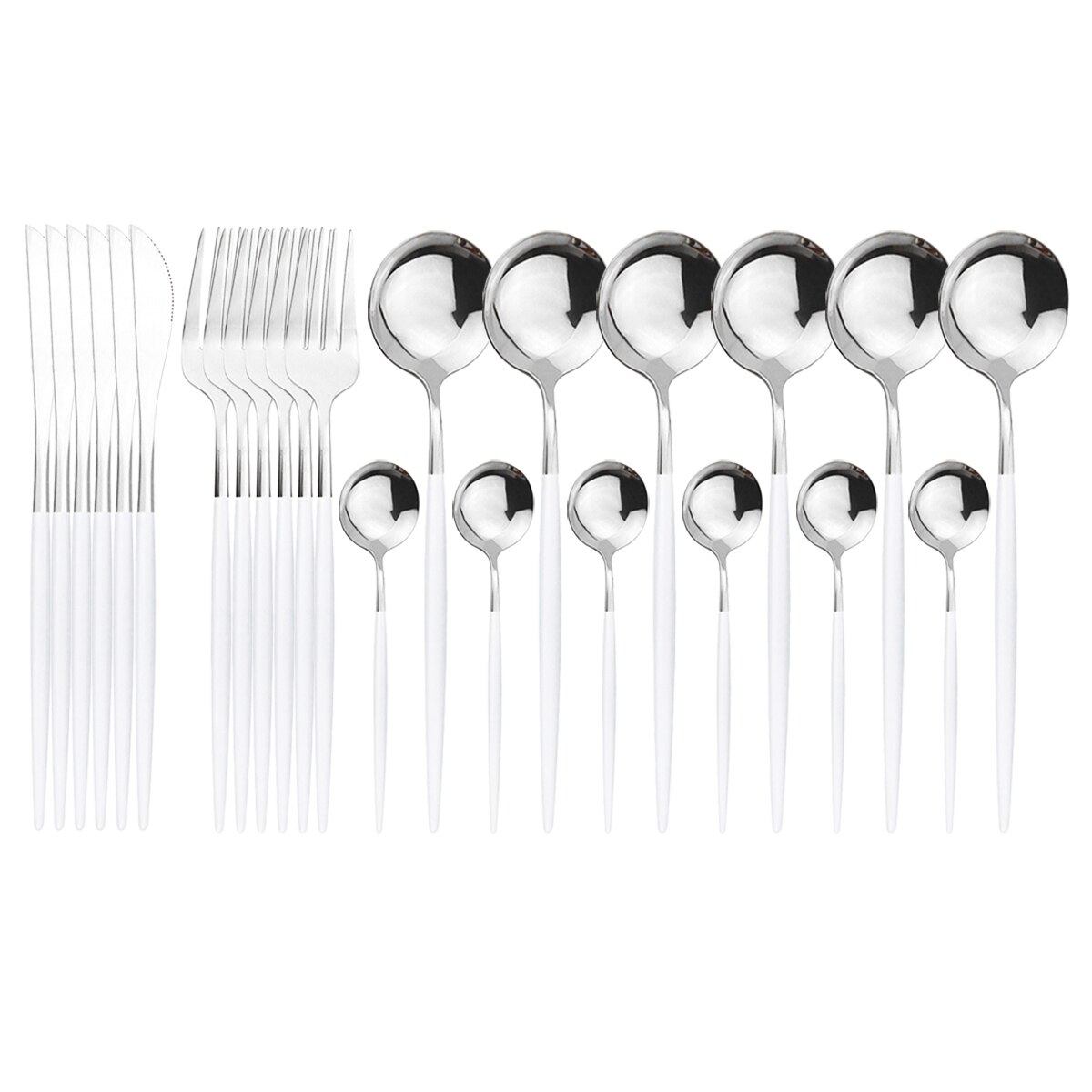 24Pcs Green Silver Cutlery Set Stainless Steel Dinnerware Set Knives Forks Spoon Dinner Tableware Set Kitchen Party Flatware Set: White Silver