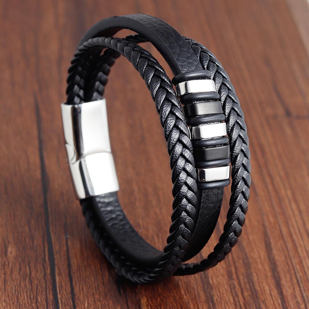 Mode Mannelijke Sieraden Armband Multilayer Gevlochten Lederen Rope Chain Rvs Magnetische Sluiting Polsband Mannelijke Sieraden