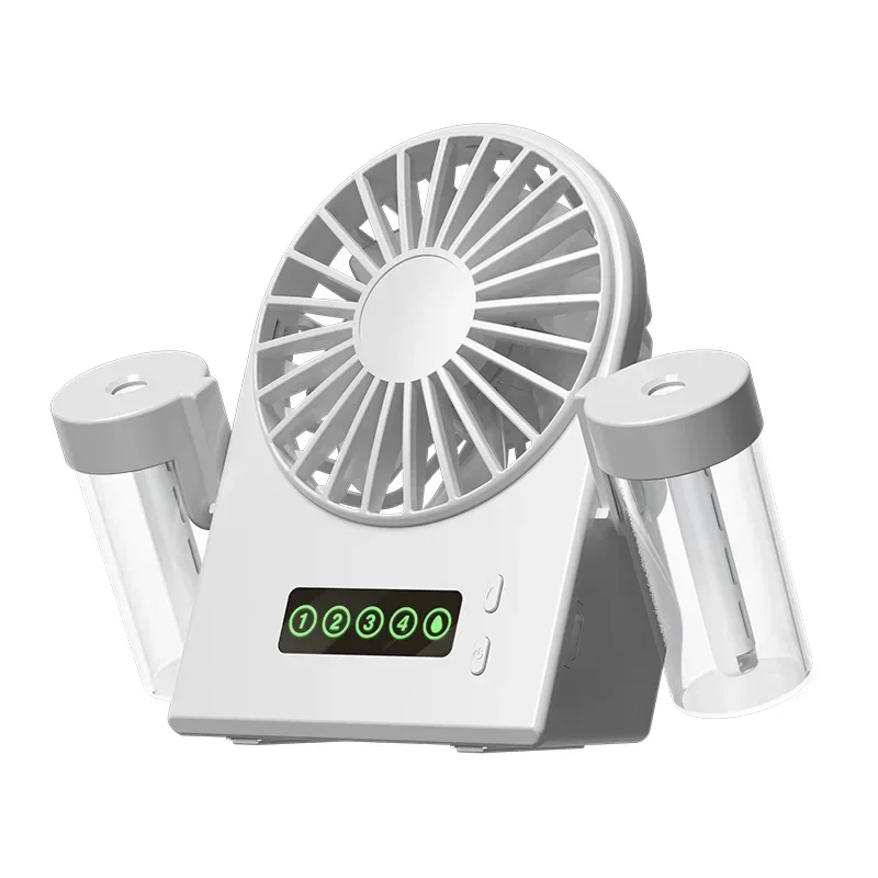 Dual Mist USB Humidifier Fan - 2-in-1 Desktop Cooler with 4 Speeds, 1200mAh Battery & Digital Display for Office/Home: WHITE