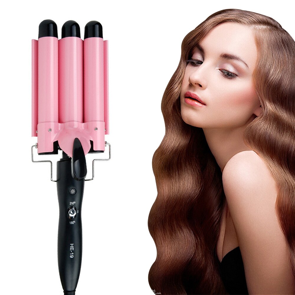 Rizador de pelo de cerámica automático, férula de permanente, cerámica, rodillos de ondulación, herramientas de estilismo, rosa, 3 barriles, 25mm, # TYx-5