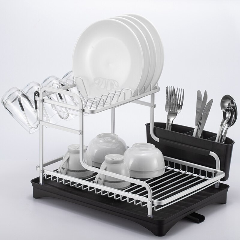Silver aluminiumlegering diskställ avlopp köksförvaring torkhylla fack över diskbänk redskapshållare avlopp