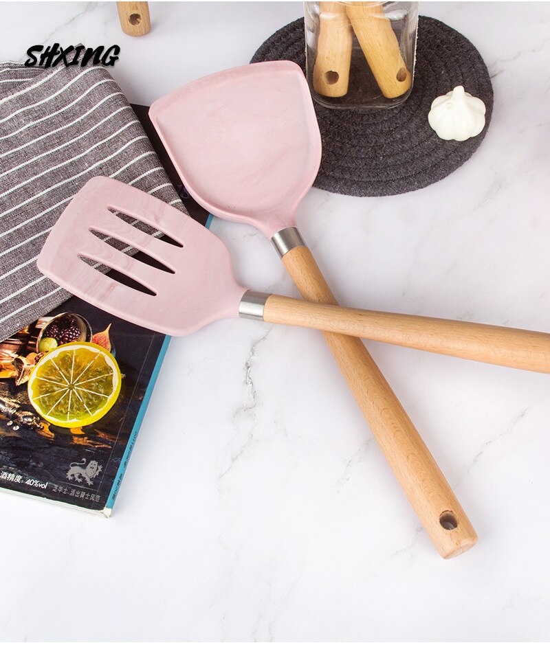 Silicone Kitchenware Cooking Accessories Set Hanging Hole Storage Stand Non-stick Cookware Spatula 7 Piece Set: 2-piece set