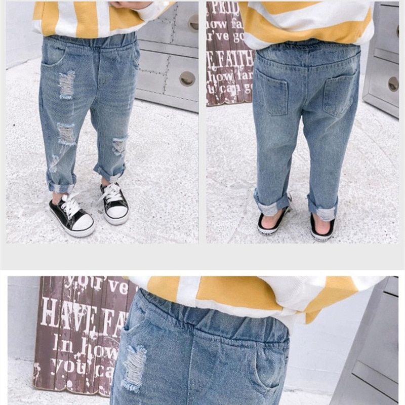 Dfxd lente kinderkleding kinderjeans broeken lange losse gescheurde denim broek babymeisjes jongens elastische taille broek 2-7 jaar