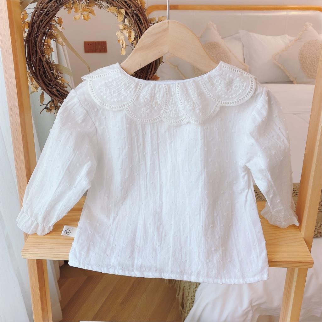 Girls' Lace Shirt Spring and Autumn Children's Lapel Long Sleeve Shirt All-match Girl Cotton White Top