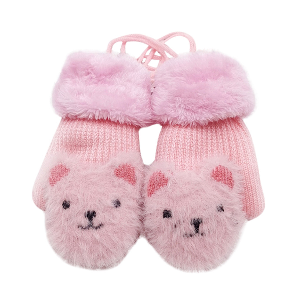 2-7Y Kinder Fäustlinge Kinder Gestrickte Wolle Plus Samt Handschuhe Cartoon Bier Baby Jungen Mädchen Volle Finger Warme Handschuhe Halten mit seil: Rosa