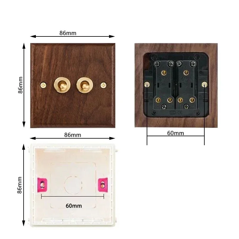 Black Walnut Wood Toggle Light Switch,Home retro Brass Panel,FR UK Universal Double USB Wall Electrical Socket Vintage Switch