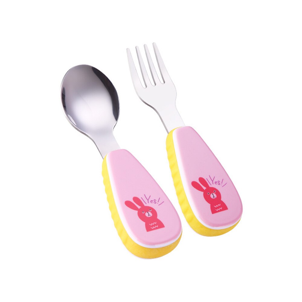 baby Feeding Spoon Fork Set Stainless Steel Toddler Infant Tableware Flatware Kids Cutlery with -Dust Box: A pink