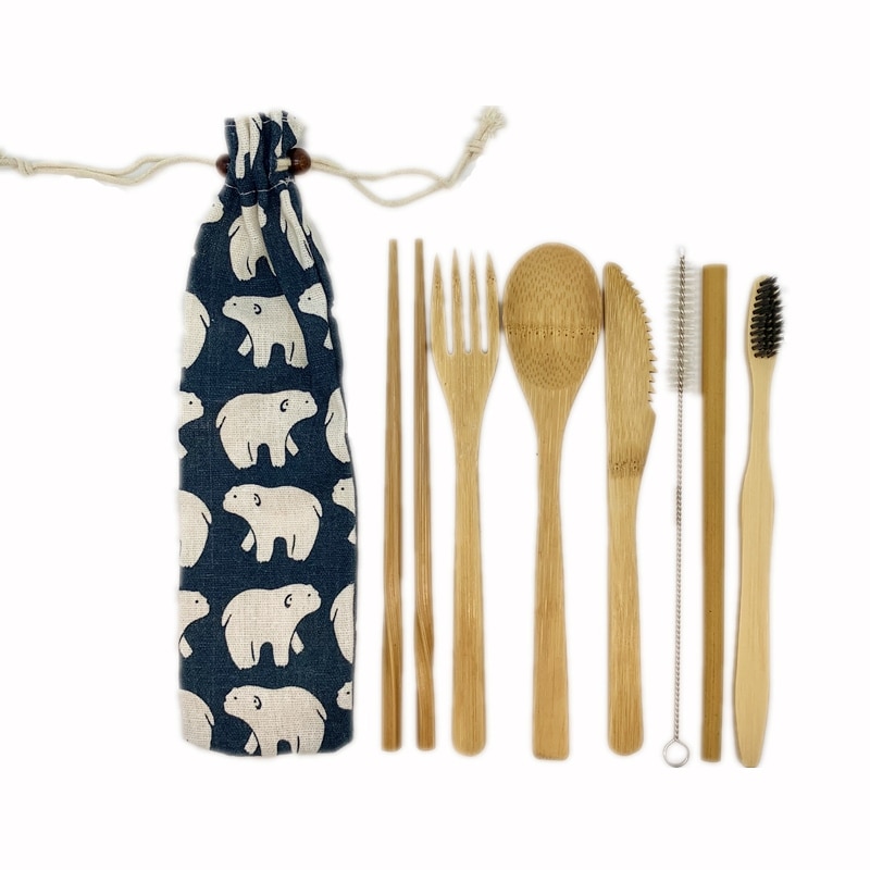 Couverts en bois, réutilisables, couverts de voyage, cuillère fourchette et paille de bambou, ustensiles de table
