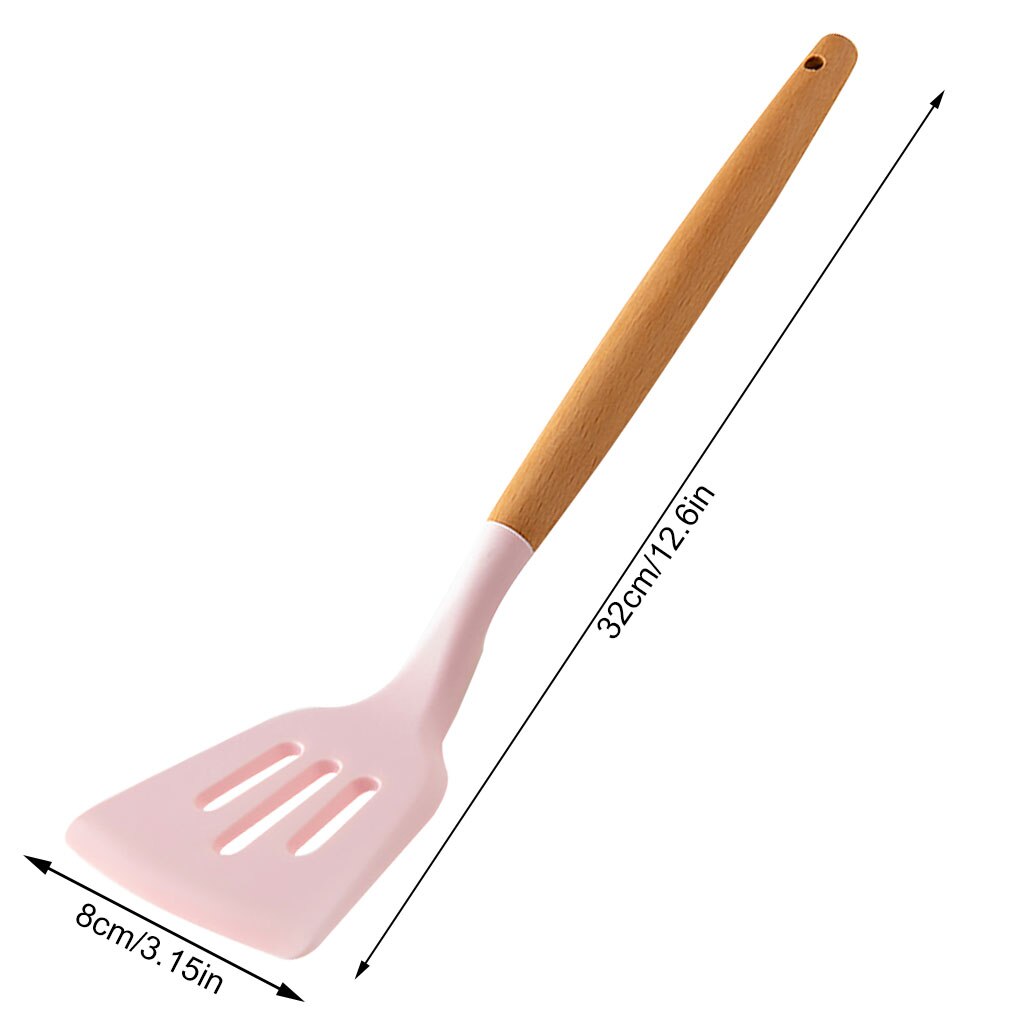 Wooden Handle Silicone Cooking Utensils Kitchen Utensil Set Non-stick Spatula Scraper Soup Spoon Brush Egg Beater Kitchen Tools: leak  leak Spoon