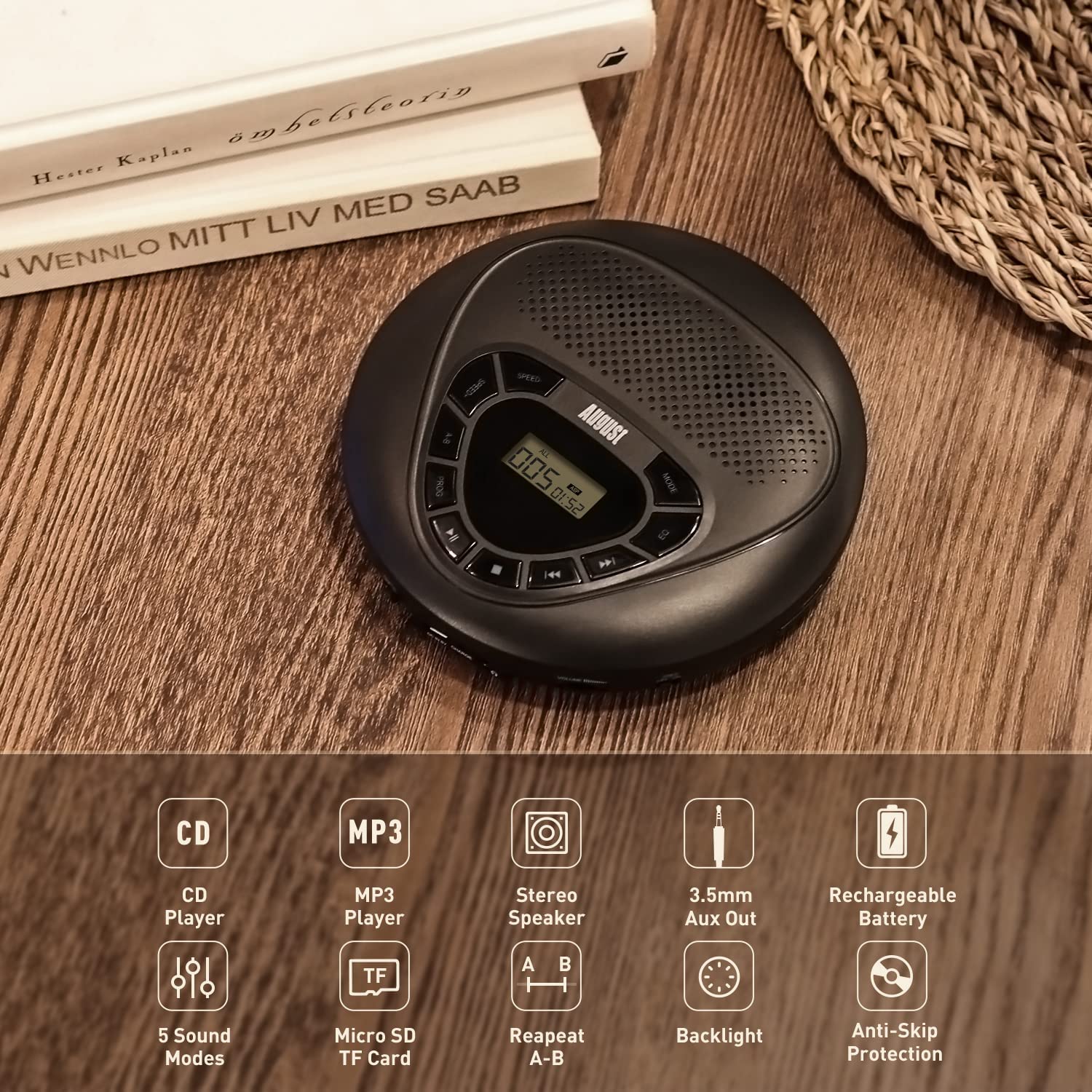 August  se10 tragbarer cd-player mit kopfhöreranschluss, hifi-musikwiedergabe, wiederaufladbarer cd-player mit aux-kabel und tf-kartenunterstützung.