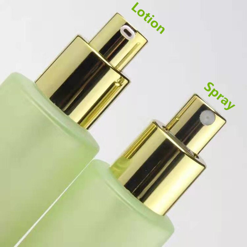 60ml flacons de lotion en verre cosmétique de luxe verts emballage cosmétique avec bouchon en plastique doré vide 30ml flacons pulvérisateurs en verre