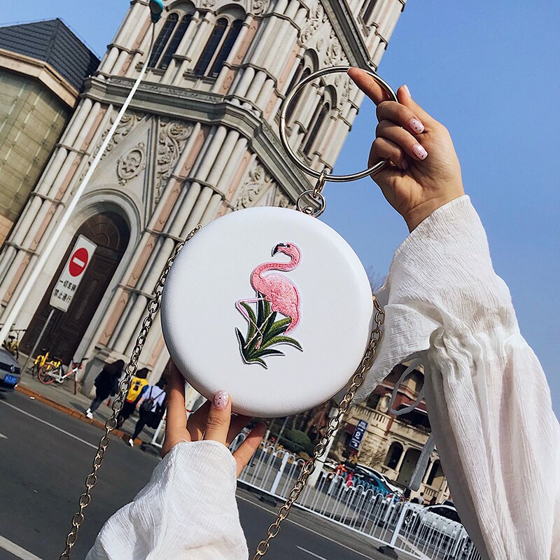 Stil flamingo blonder rund metalring tote håndtaske dame fest clutch taske kæde pung mini skulder taske pose flap