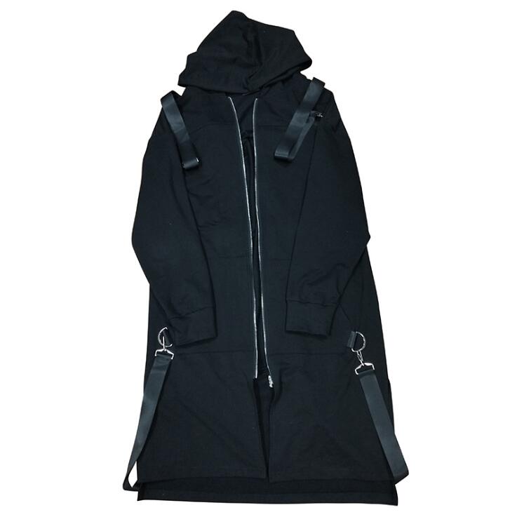 Frühling herbst männer bänder Patchwork Punk Hüfte hüpfen lange trenchcoat mit kapuze Mantel männer schwarz Reißverschluss techwear lange jacke Mantel: L