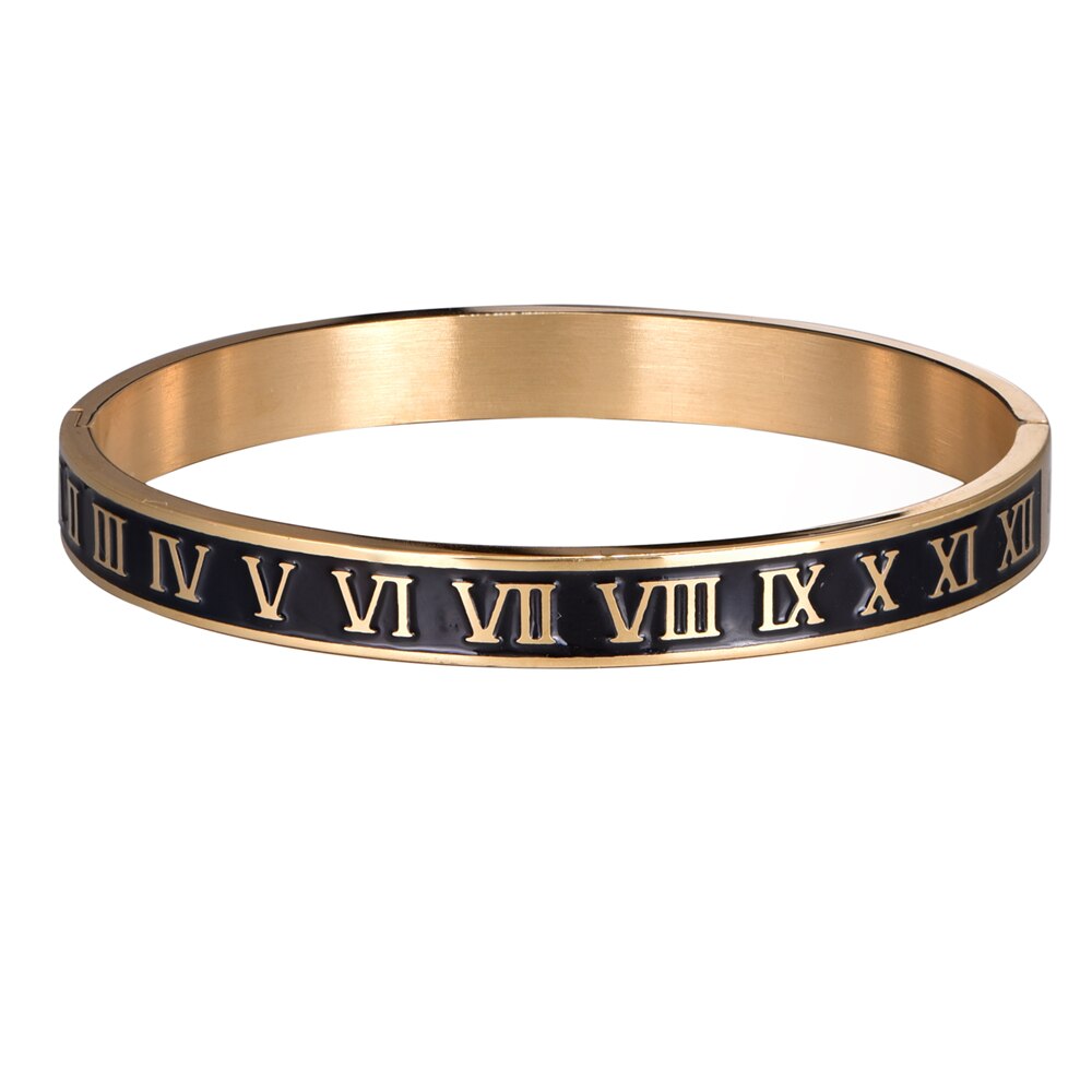 Cuff Bracelet Bangle Stainless Steel Bracelet Enamel Carving Roman Numeral Couple Roman Bangle For Men Women Jewelry: Light Yellow Gold Color