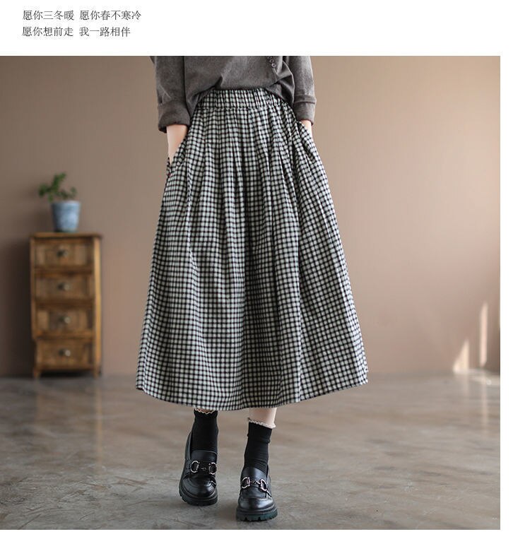 Jupe longue à carreaux avec poche, , japonaise Vintage, ligne a, grande taille, ample
