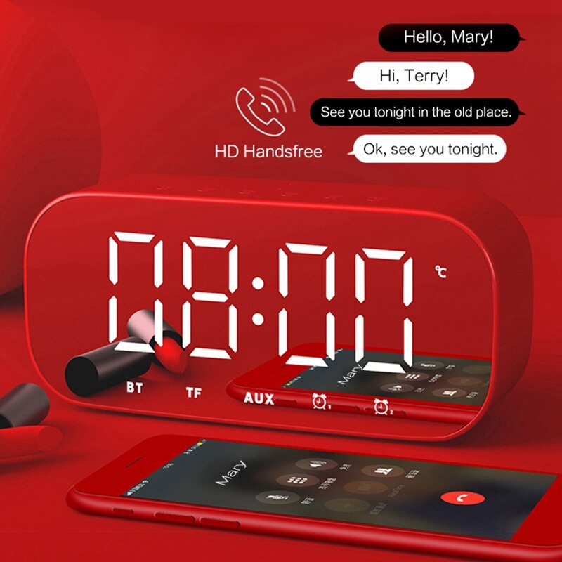 Altavoz Bluetooth con Radio FM Despertador con efecto espejo y luz LED reloj Subwoofer reproductor de música despertador reloj de escritorio inalámbrico: Red