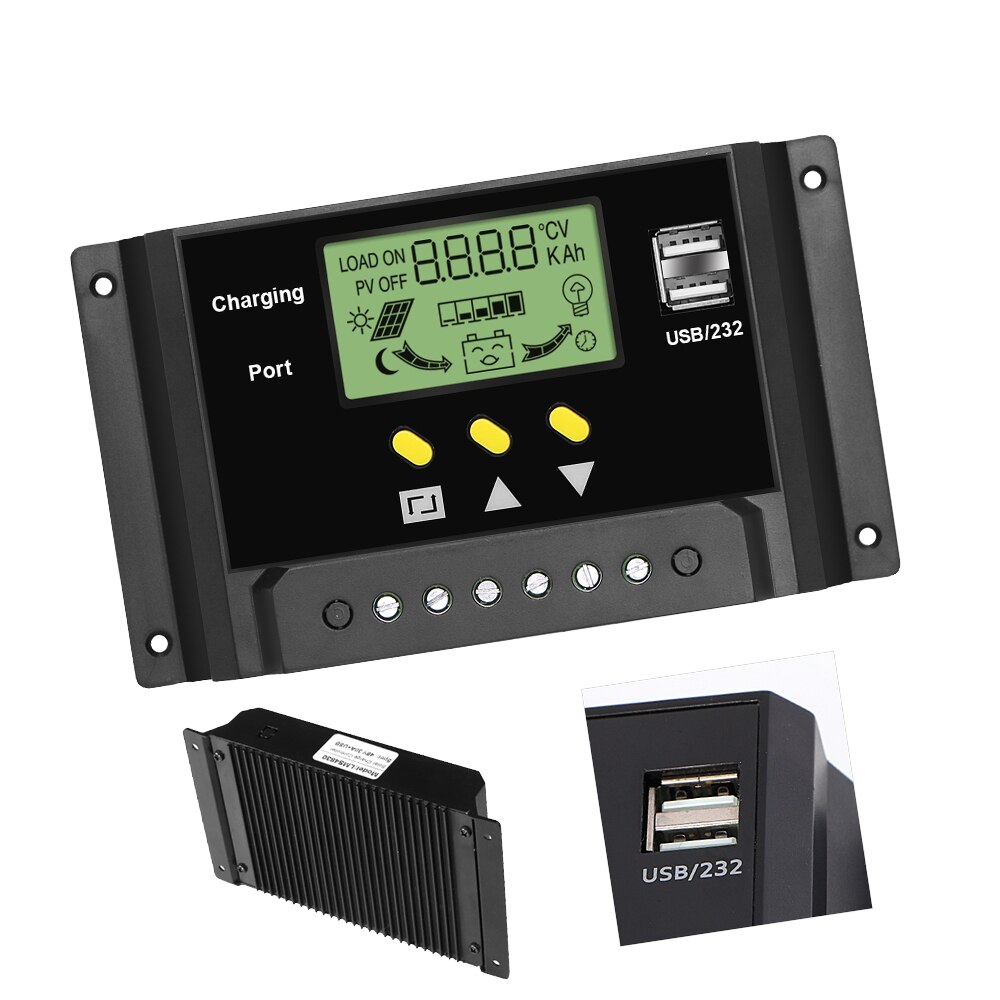 30A Solar Charger Controller 12V/24V Solar Panel Battery Intelligent Regulator with Dual USB Ports, LCD Display