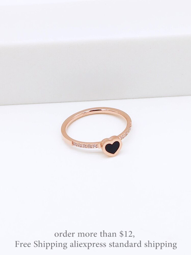 Lokaer Trendy Titanium Stainless Steel Black Acrylic Love Heart Rings CZ Crystal Heart Engagement Ring For Women Girls R20027