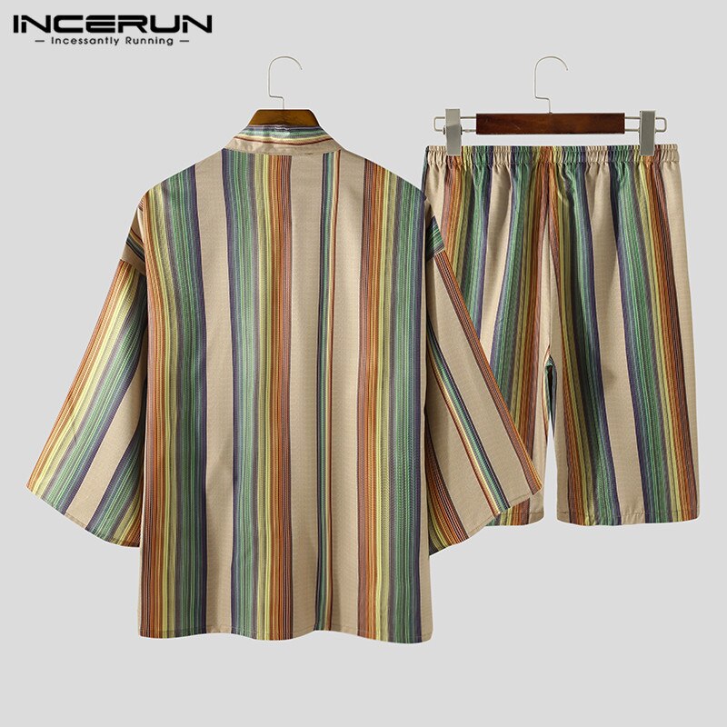 INCERUN Men Vintage Striped Pajama Sets 3/4 Sleeve Lace Up Tops Drawstring Shorts 2 Pieces Man Retro Kimono Homewear Suits S-5XL