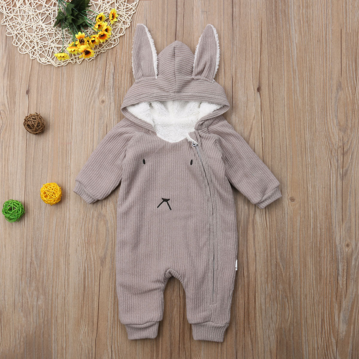 Vêtements d'automne et d'hiver pour bébés garçons et filles, chauds, avec oreilles de lapin, à capuche, combinaison en cachemire, fermeture éclair, dessin animé