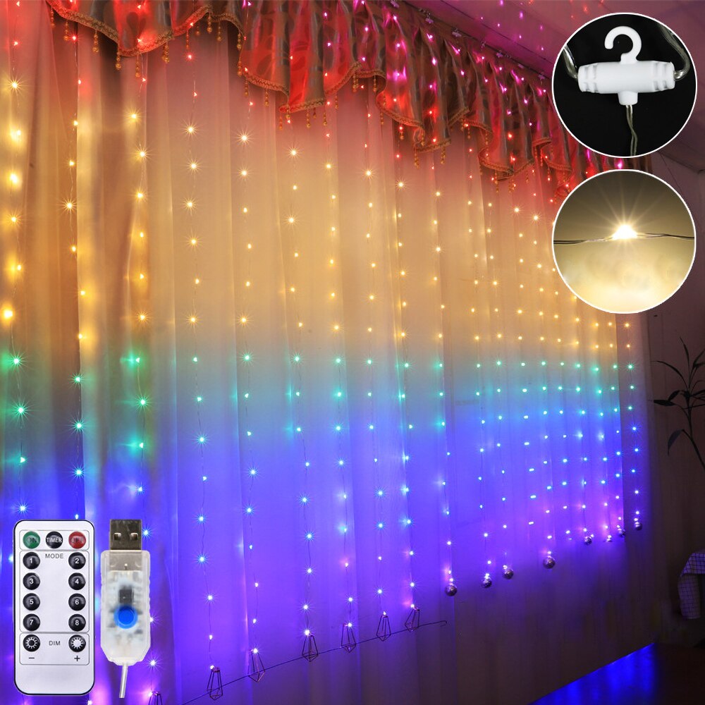 Guirnalda de luces LED de cobre y arcoíris, cortina con Control remoto USB, guirnaldas navideñas para , hogar, dormitorio, decoración de boda