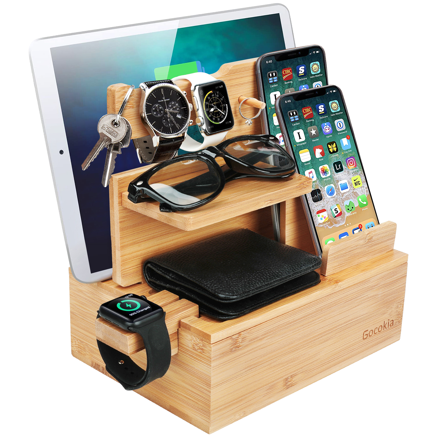 Bamboo Multiple Device Docking Station Phone Key Holder Laptop Tablet Watch Stand Desk Organizer Box for Friend Birthday