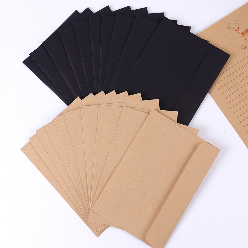 Paquete de sobres de papel negro Kraft, 16cm x 10,8 cm, tarjeta de mensaje, carta de almacenamiento estacionario, , 10 unidades