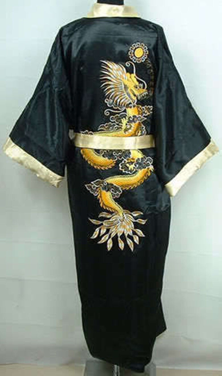 Sort broderi med dobbeltside drage mandlig lang kappe kinesiske mænd silke satin mænds drage kimono kappe kjole reversibel badekåbe: Sort gul