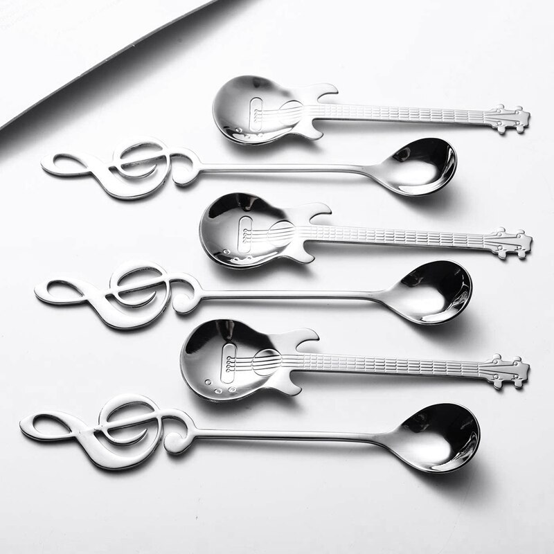 Cucharas de café para guitarra, paquete de 6 cucharas creativas y bonitas de acero inoxidable con forma de notación Musical (3 + 3 notas musicales guitarras)