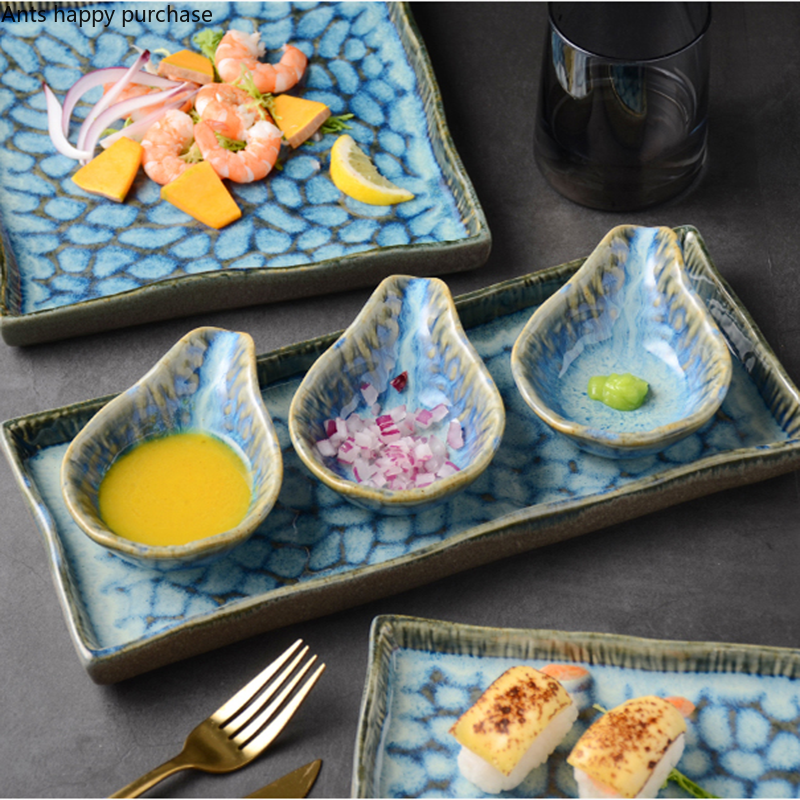 Rectangular Sushi Dish Kiln Turns Blue Ceramic Plate Square Western Steak Plate Home Tableware Dishes Dinner Plates Taste Dish