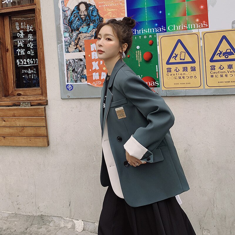 Lapel Pocket Suit Jacket For Women Loose Long Sleeved Single Breasted Coat Autumn Casual Office Lady Commuter Outerwear