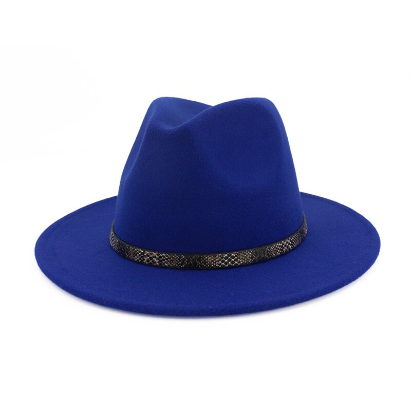 QBHAT femmes hommes à large bord laine feutre chapeau disquette Jazz casquette Panama Fedora chapeaux avec serpent Grain cuir Trilby QB57: Royalblue