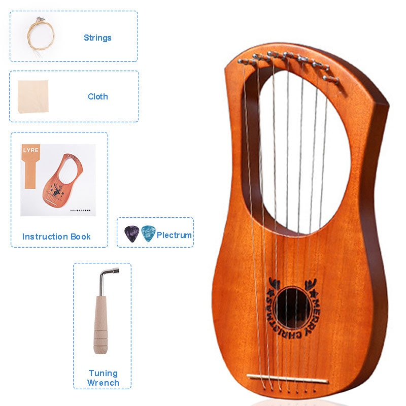 7 Strings Lyre Harp Mahogany Wood Come With Instruction Tuning Wrench Plectrum Cloth Greek Small Instrument Special Musical: Antler Wood