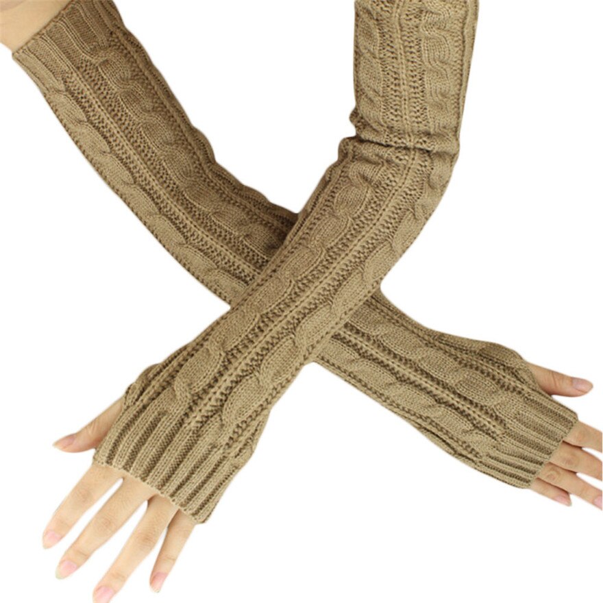 Kvindelige lange handsker uden fingre vinter håndled arm varmere strikket lange fingerløse handsker vante: Khaki